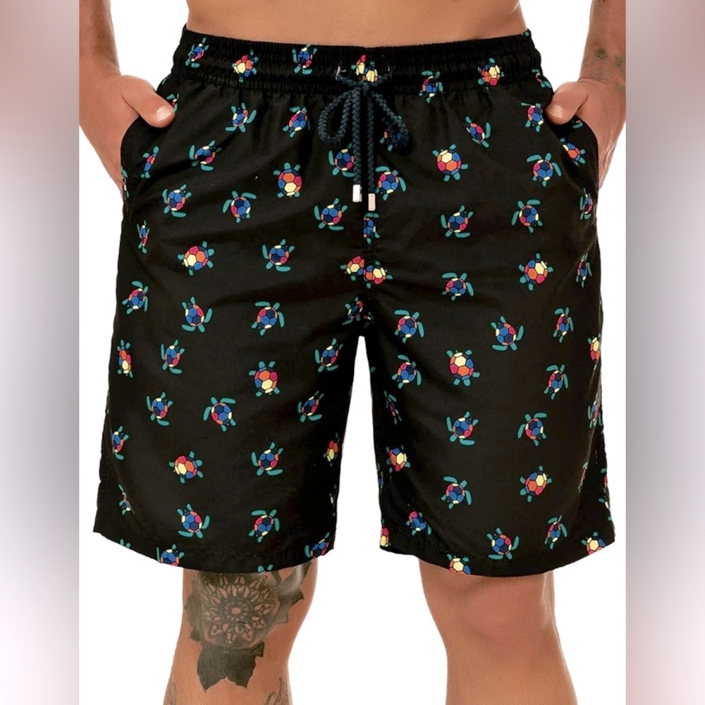 Men's Black Turtle Print Swim Trunks
